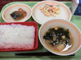 ごはん　牛乳　さば味噌煮　マカロニサラダ　じゃがいもとわかめの味噌汁